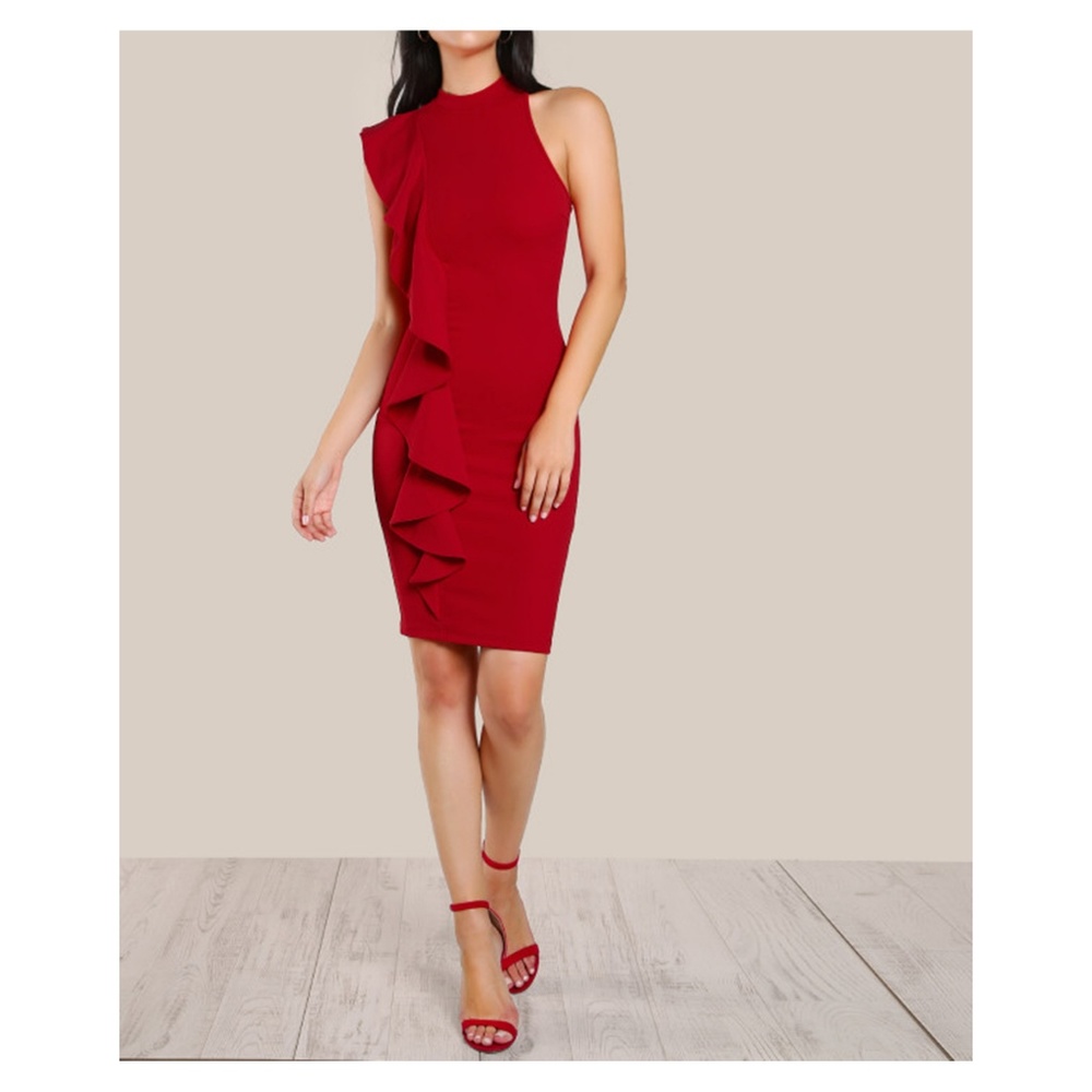Deep Red Sleeveless Ruffle Bodycon Dress - Picture 2 of 5